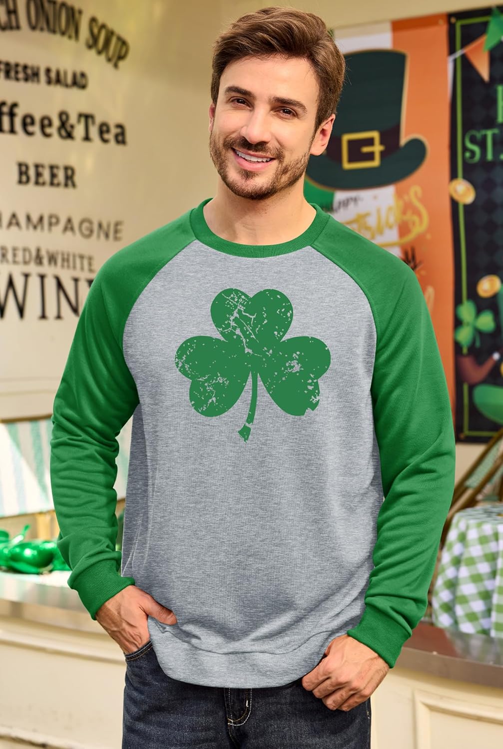 Arvilhill Mens St Patrick's Day Sweatshirts Raglan Soft Charm Shamrock Irish Long Sleeve Pullover (S-3XL)