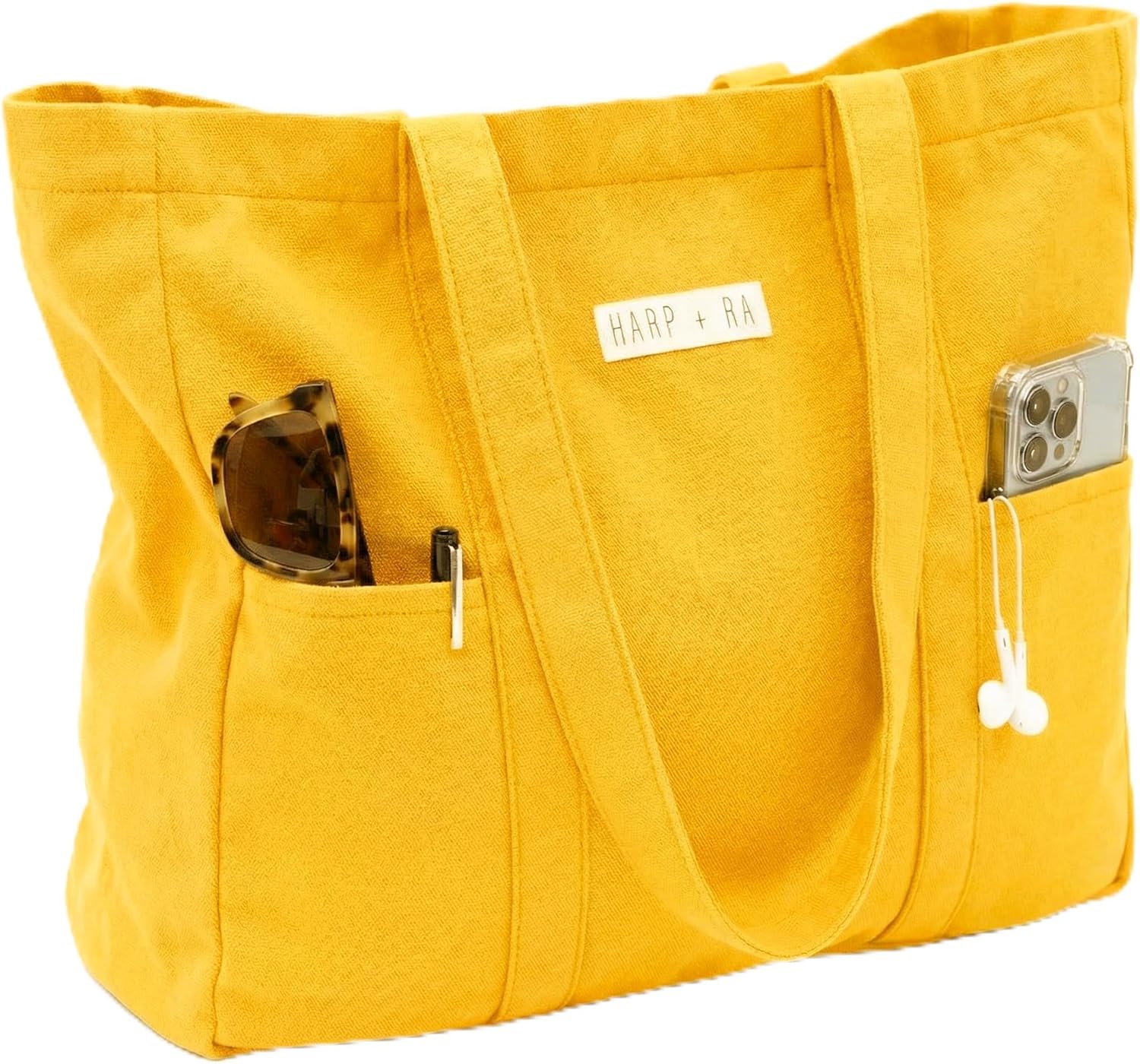 26L Harp + Ra XL Soft Unstructured Canvas Tote Bag for Women, Open Top, No Zipper, Laptop Sleeve, 3 Pockets, 23x18x7 in | Oversized, 16oz cotton canvas, Fits 15 inch laptop, Front slip pockets, Wide shoulder straps, for work, gym, beach