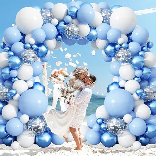 Vista 108 de Kit de arco de globos azules, 107 piezas de globos azul marino y dorado con globos de confeti dorado metálico, globos de fiesta de cumpleaños azul