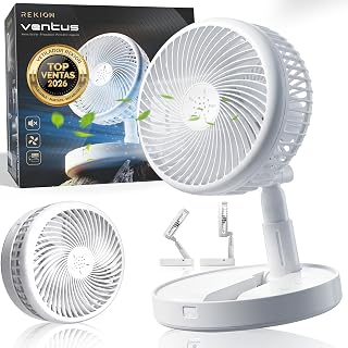 REKION® Super Ventilador de Pie Ultra Silencioso 30dB Plegable Premium | Ventilador Portátil Recargable 4000mAh USB-C | 4 Velocidades, Ajuste 180°| Escritorio, Camping y Viaje | 35 CM DE Altura MAX