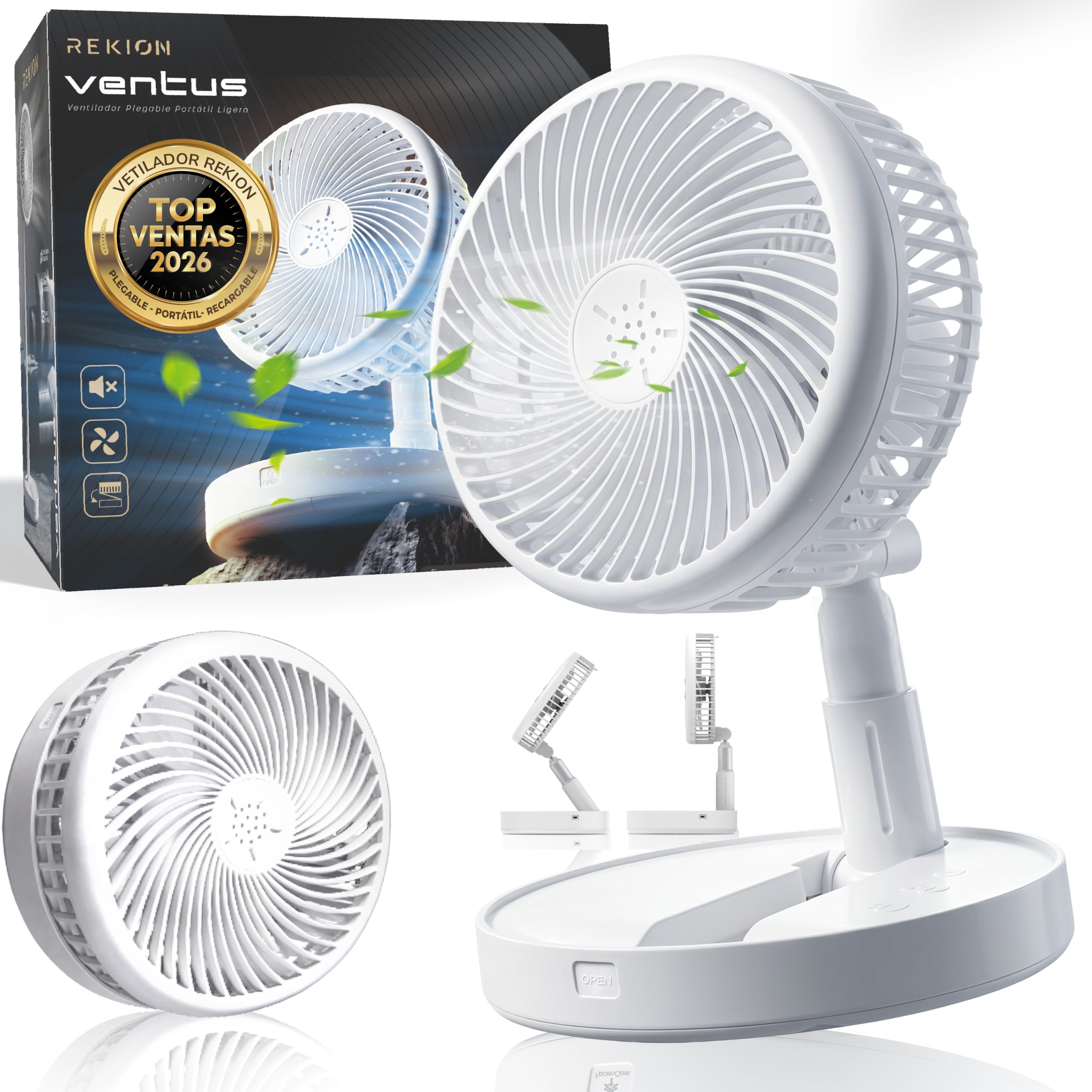 REKION® Ventilatore a piantana ultra silenzioso, 30 dB, pieghevole, di alta qualità, portatile, ricaricabile, 4000 mAh, USB-C, 4 velocità, regolazione a 180°, scrivania, campeggio e viaggi, altezza