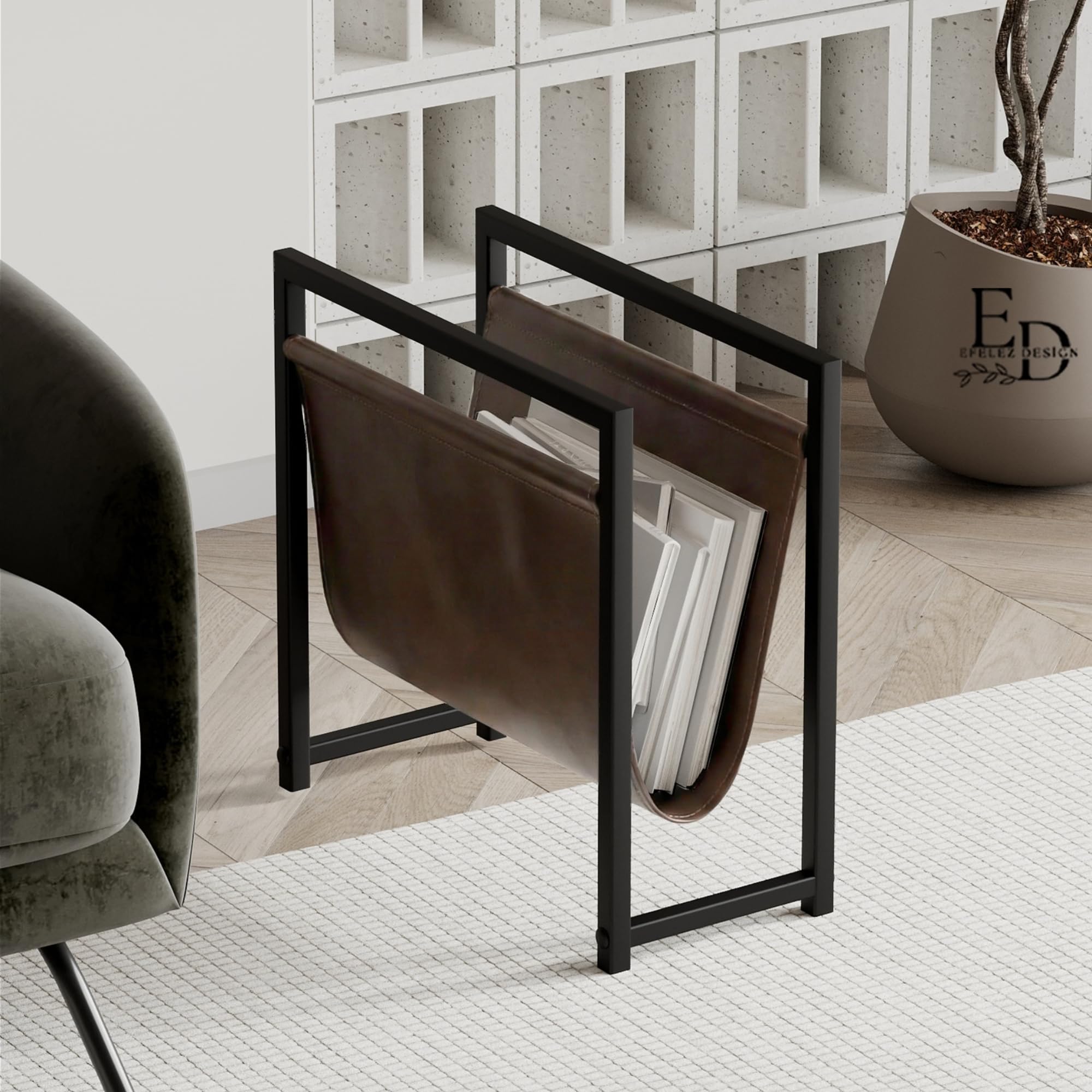 EMIDECO Porte-revues métal noir cuir marron foncé – Range magazines design moderne – Support journaux livres – Rangement gain de place salon bureau – Porte magazine élégant