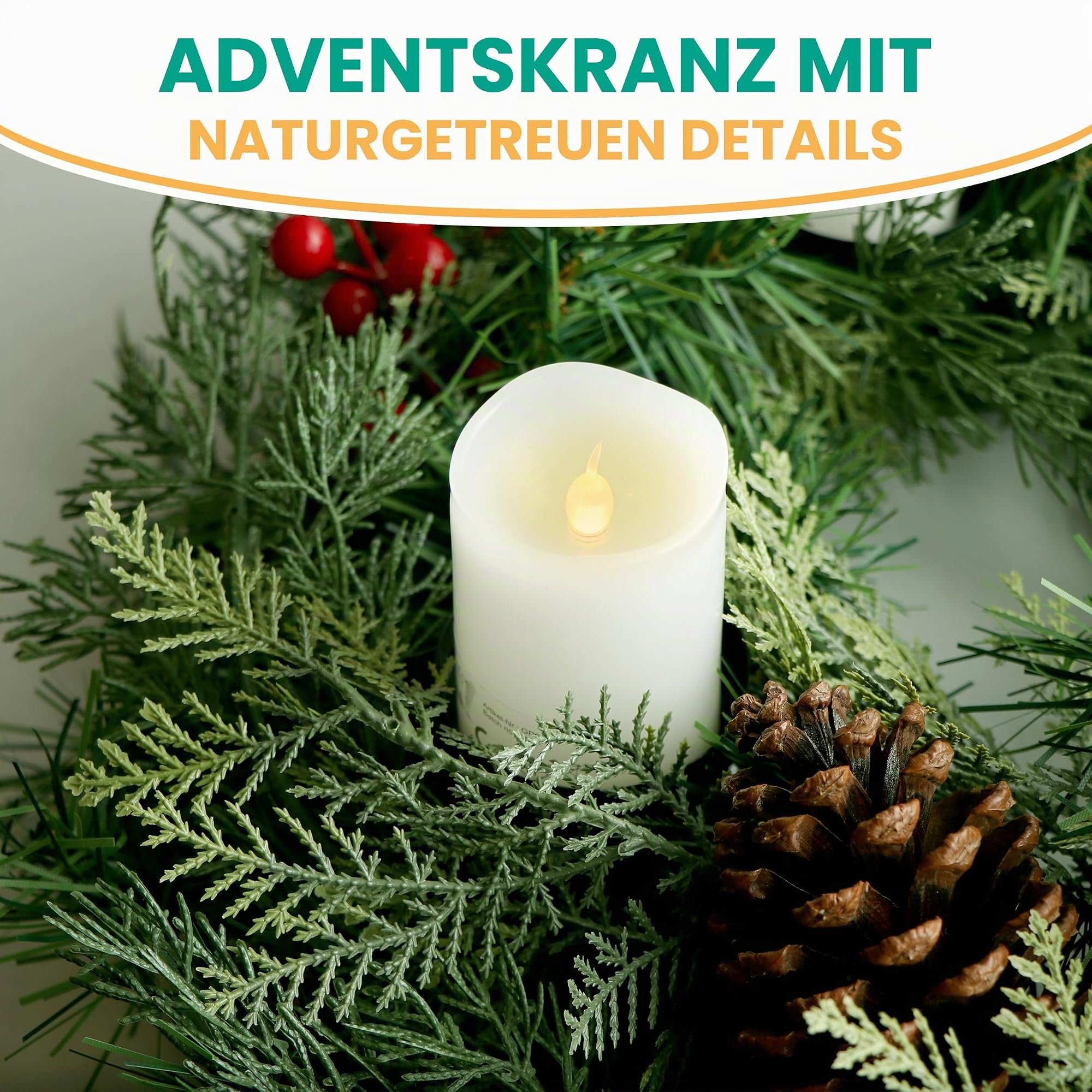 Gartenpirat Künstlicher Weihnachtskranz Ø 40 cm mit 4 LED-Kerzen Adventskranz geschmückt mit Zapfen und roten Beeren