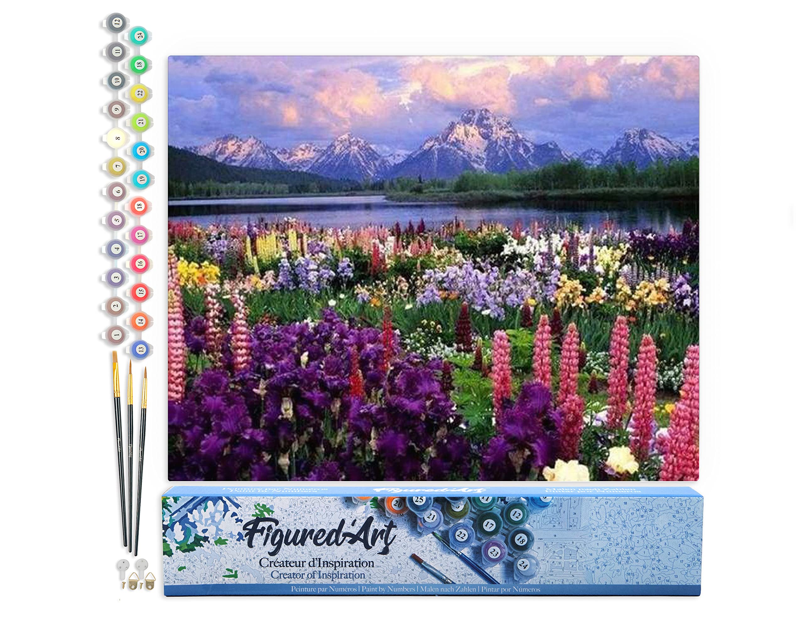 Figured'Art Paint by Numbers for Adults Flowers and Lake Near the Mountain 40x50cm - Craft Art Painting DIY Kit Rolled Canvas Without Frame
