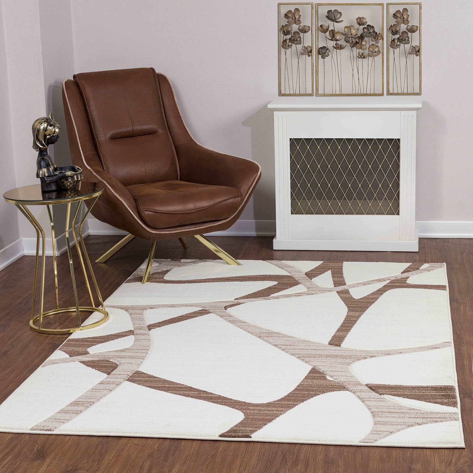 Livabliss Vichy Abstract - Area Living Room 160x213 cm, Dining Room, Lounge, Kitchen, Bedroom - Modern Marble Large, Soft Luxurious Easy Care Medium Pile, White, Brown and Beige