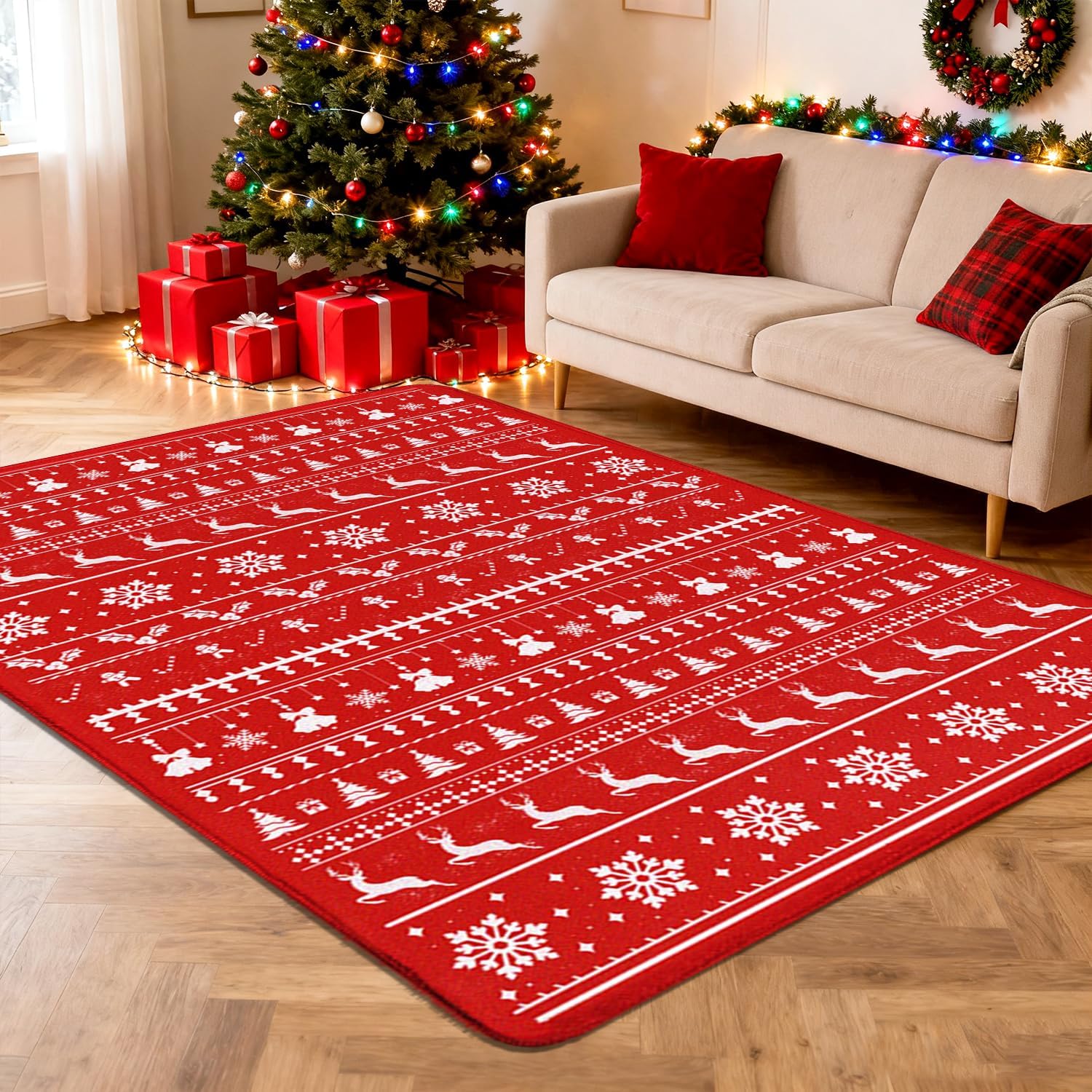 Christmas Area Rug 5x7 Red Vintage Floral Non-Slip Holiday Carpet for Living Room, Washable Low Pile Festive Indoor Rug