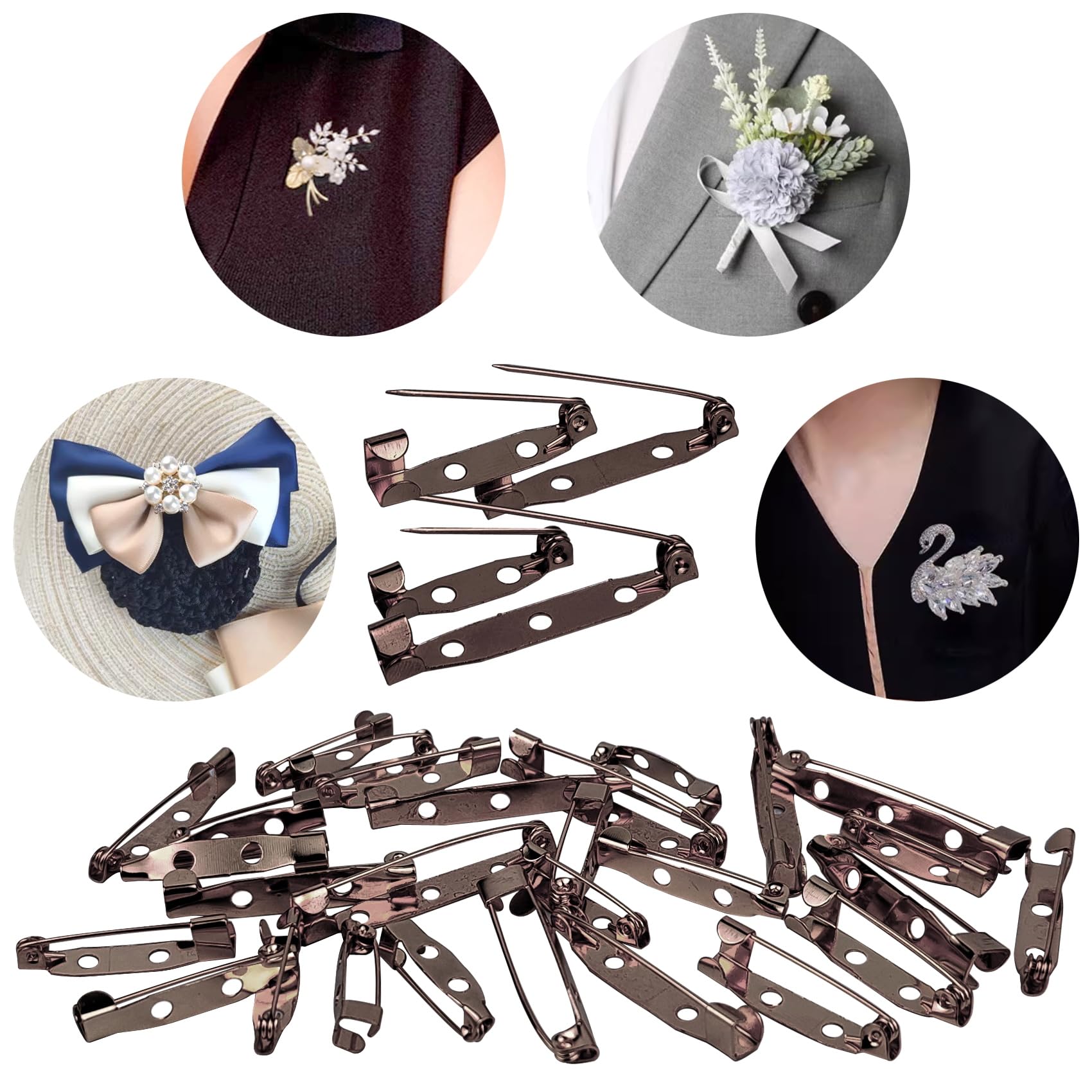 100 broches, paquete de 4 tamaños, alfileres de bronce para boutonniere, pines de seguridad para manualidades, insignia, etiqueta de nombre (bronce)