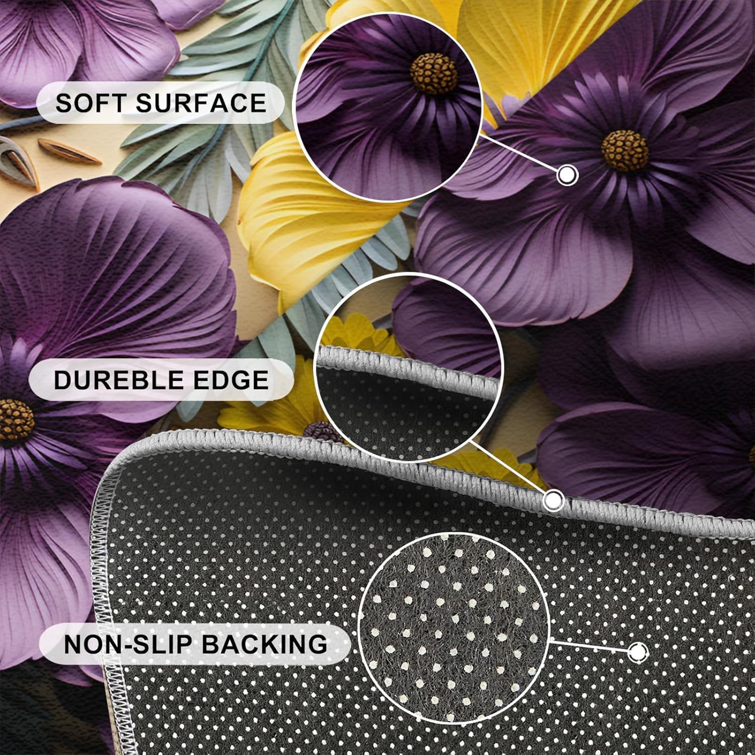 Floral Rug 4x6-3D Relief Flower Area Rugs for Living Room, 4x6 Rug, Purple Yellow Washable Rugs for Bedroom, Floral Botanical Carpet, Aesthetic Carpet Home Decor - Flower Gifts for Woman