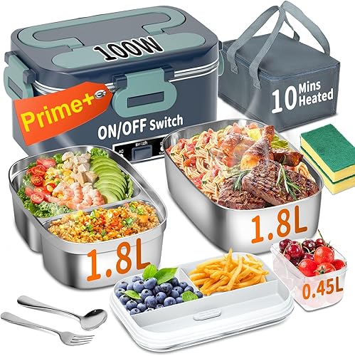Miniatura 1 de Lonchera eléctrica con calefacción para adultos, 100 W, 3 en 1, paquete de 2 recipientes de 1.8 L, lonchera portátil de doble capa, calentador de