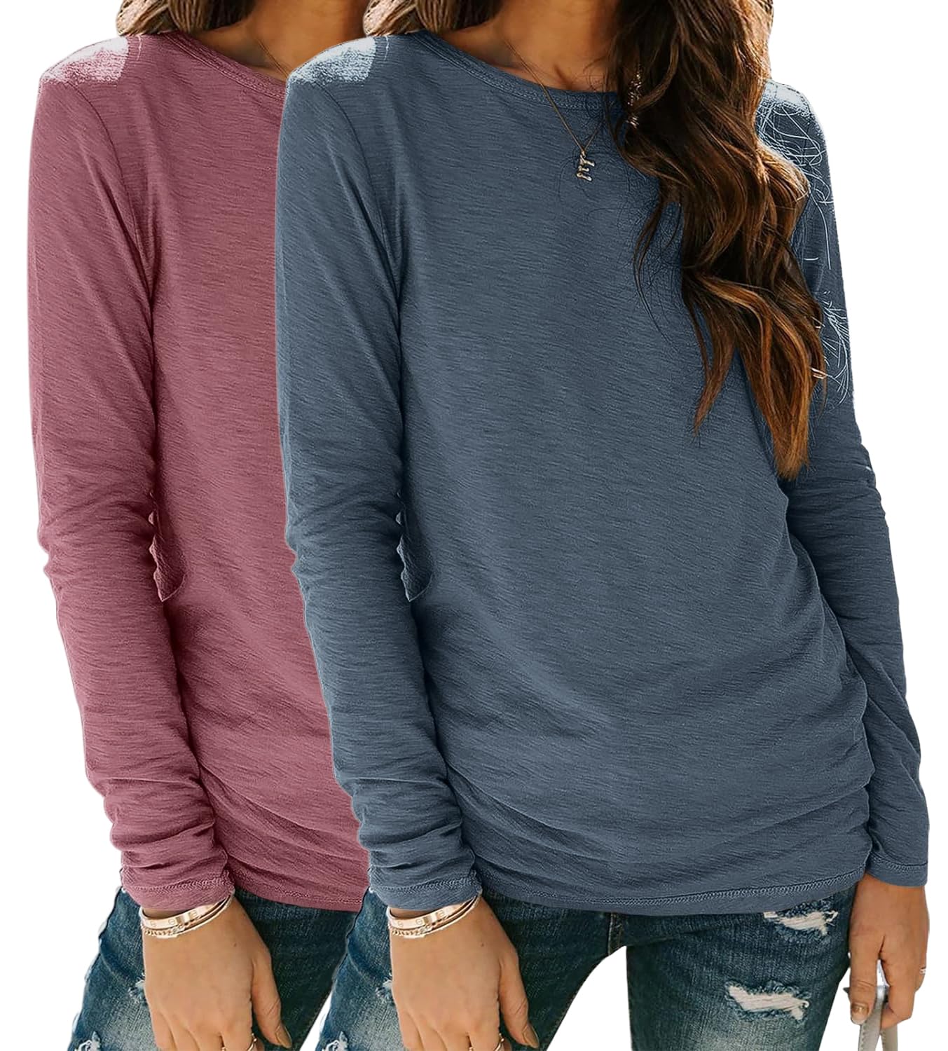 YUTILA Damen Langarmshirt 95% Baumwolle Rundhals Casual Basic Longsleeve | Einfarbig Weich Lässig Oberteile, Langarm T-Shirt, Herbst Winter, Für Alltag Büro Freizeit, 1er/2er-Pack
