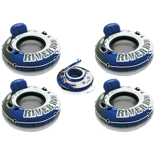 Intex River Run 1 Person Inflatable Floating Water Tube Raft (4 Pack) with Mega Chill Inflatable 24 Can Beverage Cooler Holder for Lakes and Pools