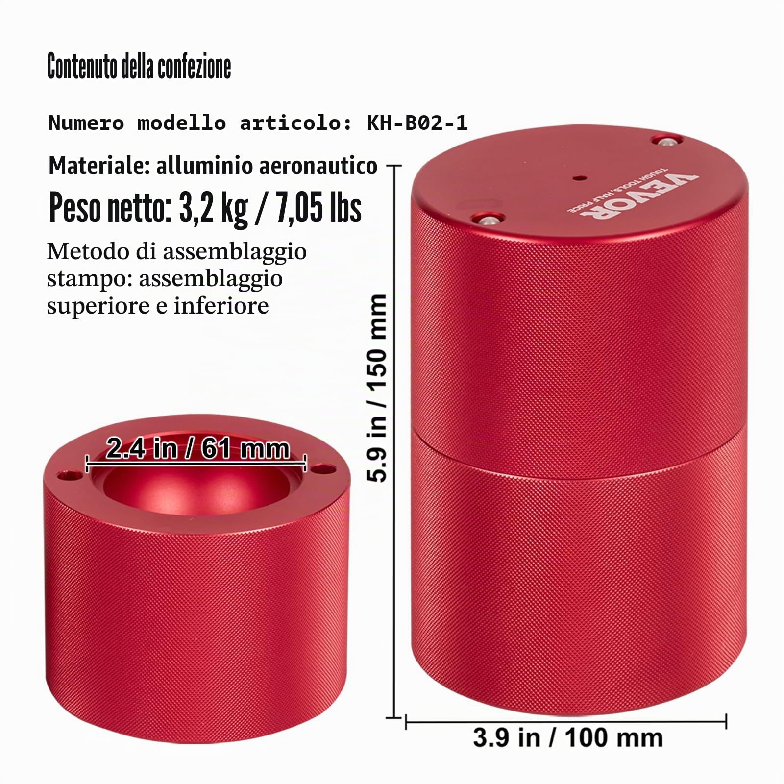VEVOR Kit Pressa per Ghiaccio a Sfera in Alluminio Diametro 61mm, Stampo per Ghiaccio Sferico per Cocktail Whisky Cognac Bevande, Kit di Pressa per Palline di Ghiaccio da Bar in Alluminio Colore Rosso
