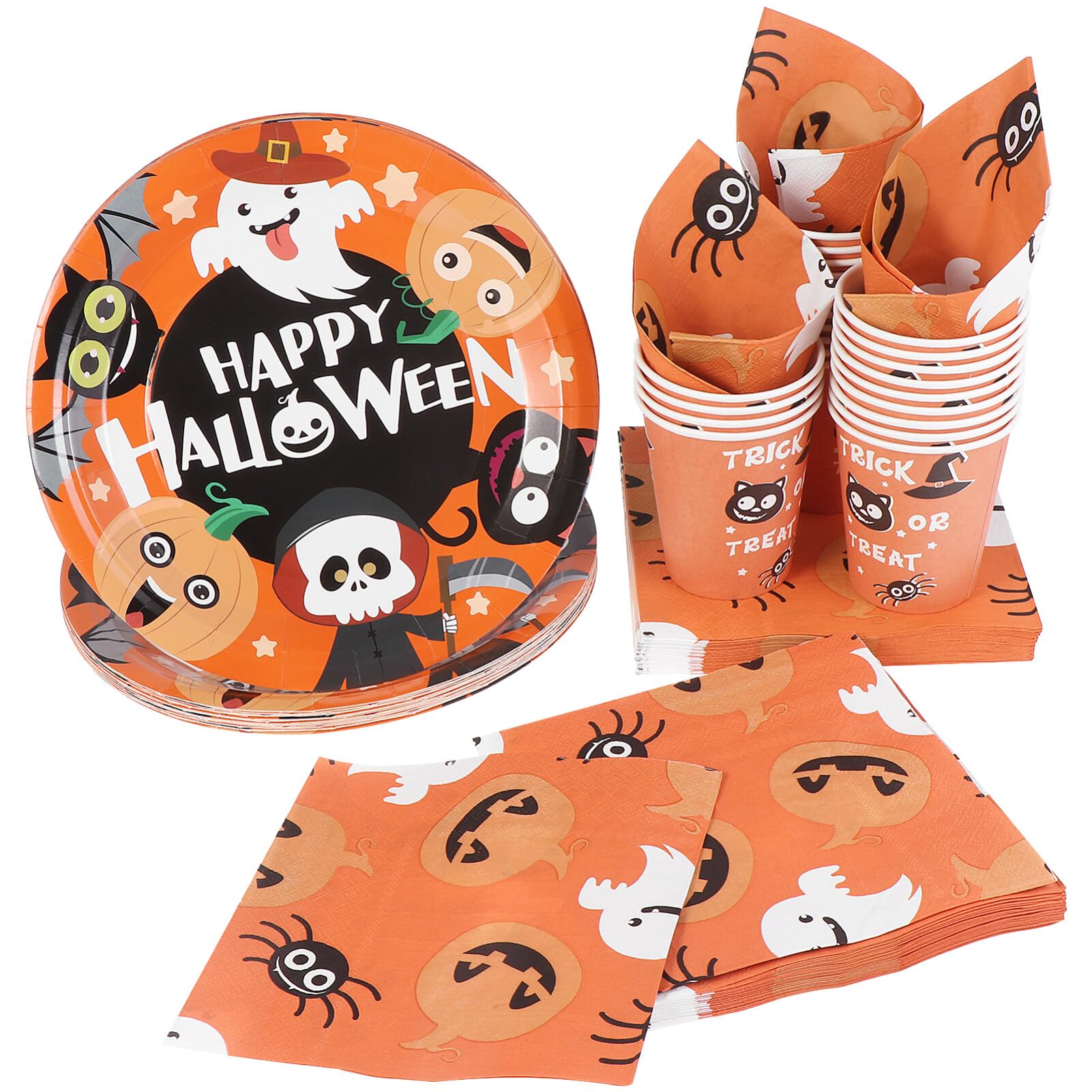 Hemoton Service de table jetable pour Halloween – 24 personnes – Vaisselle en carton – Comprend 24 assiettes en carton, 48 servi