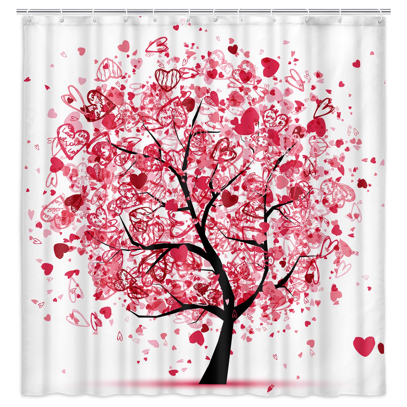 KOTOMTree of Life Shower Curtain for Bathroom, Valentines Tree with Pink Hearts Doodles Decorated Shower Curtain, Fabric Bathroom Curtain 12PCS, 69X70 Inches