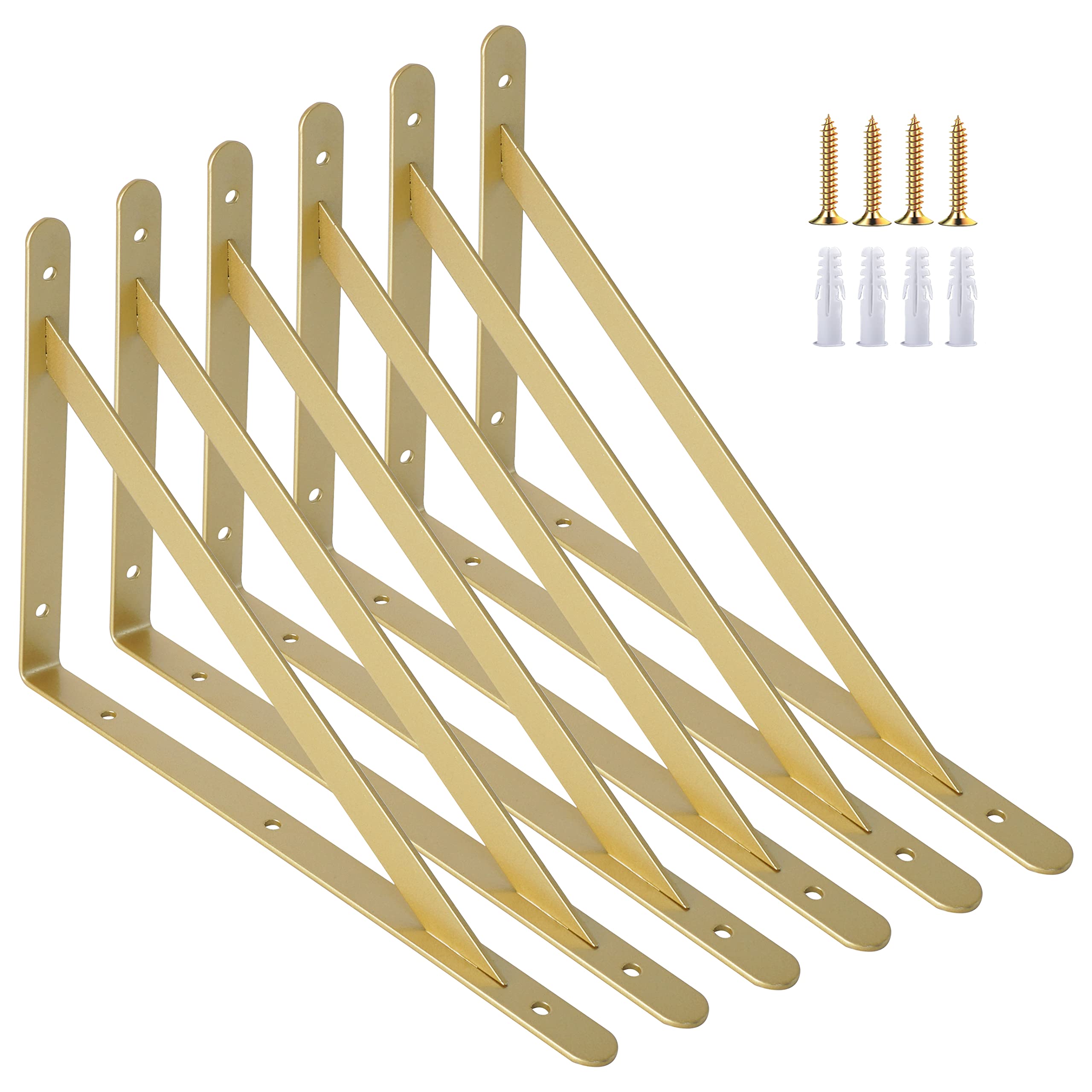 AddGraceBrackets for Shelves 6 Pack Wall Mounted Shelf Brackets Screws Include Heavy Duty Triangle Shelf Supports Decorative Shelf Brackets (10") Gold