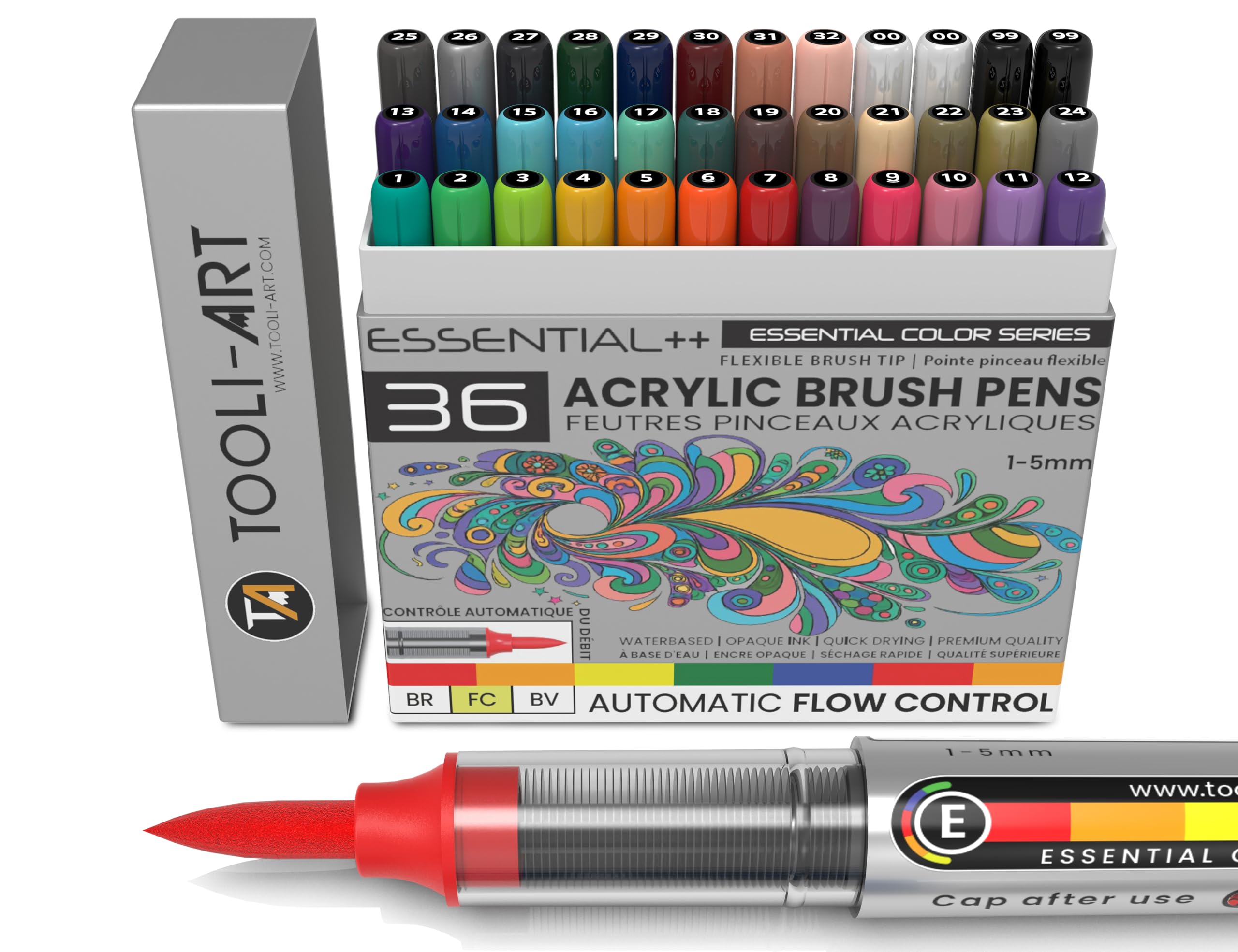 36 Flexible Brush Tip Acrylic Paint Pens Automatic Flow Control 1-5mm Line for Rock Painting, Coloring, Brush Lettering, Glass, Mugs, Wood, Metal, Canvas, Fabric, Plastic. Non Toxic