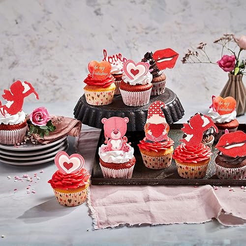 Miniatura 7 de Gyufise 72 adornos comestibles para cupcakes para el día de San Valentín, decoración de cupcakes de oblea roja, decoración comestible para tartas,