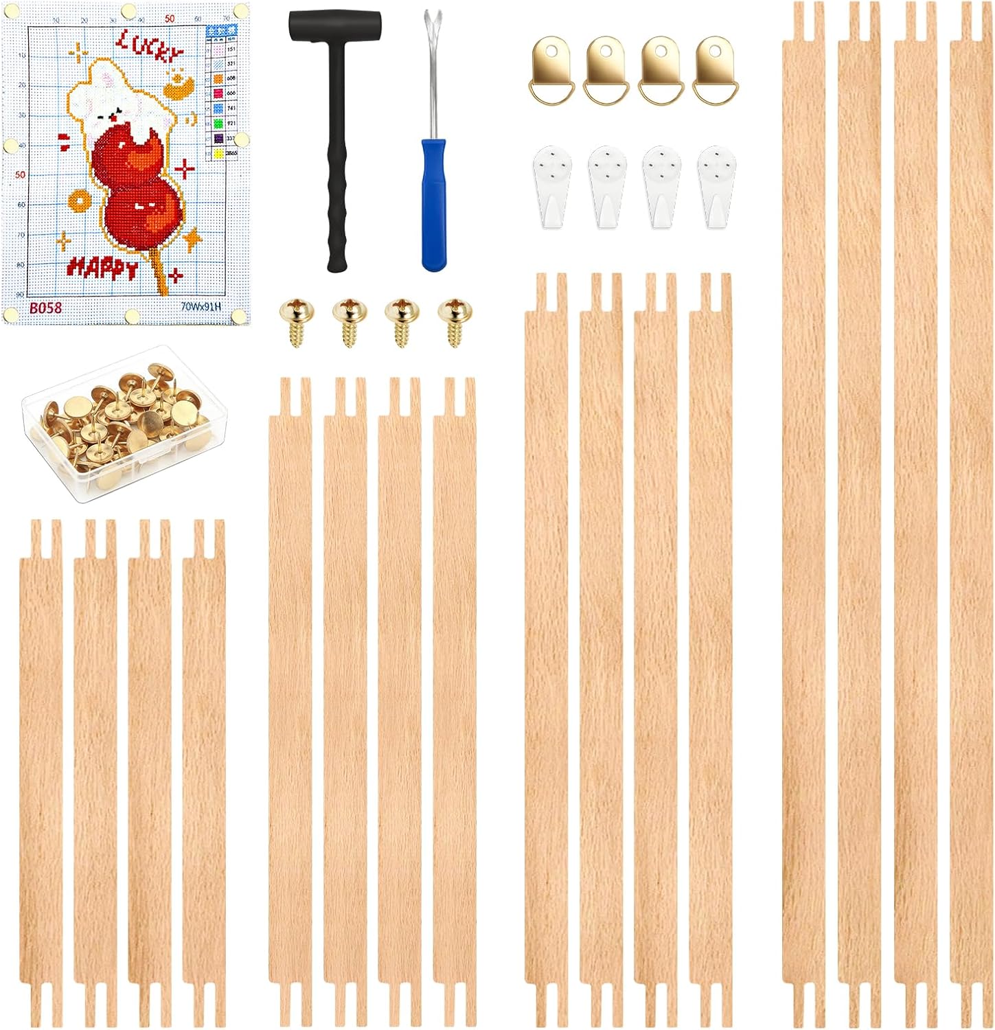 16PCS Stretcher Bars Kit for Needlepoint Solid Wood 8 10 12 16 Inch Canvas Stretching Bars with Tacks Puller Mallet Hangers Screws for Embroidery Tapestry Stitch Craft Framing