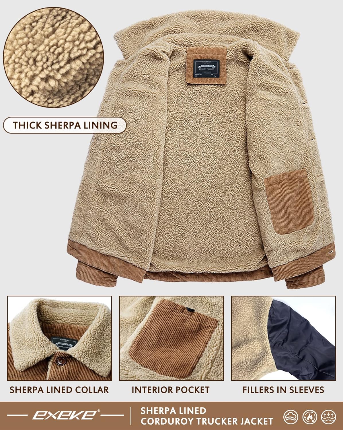 EXEKE Men's Corduroy Jacket Sherpa Lined Trucker Jacket Thickened Thermal Winter Jacket - Image 6