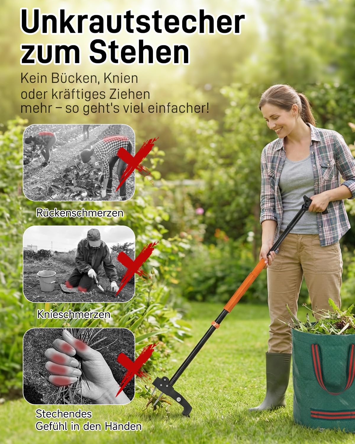 HAUSPROFI Teleskop-Unkrautstecher mit langem Stiel (91-118cm), 50L Gartensack, Unkrautentferner mit 4 Edelstahlkrallen für effizientes Entfernen von Unkraut, Automatischer Rücksprungmechanismus