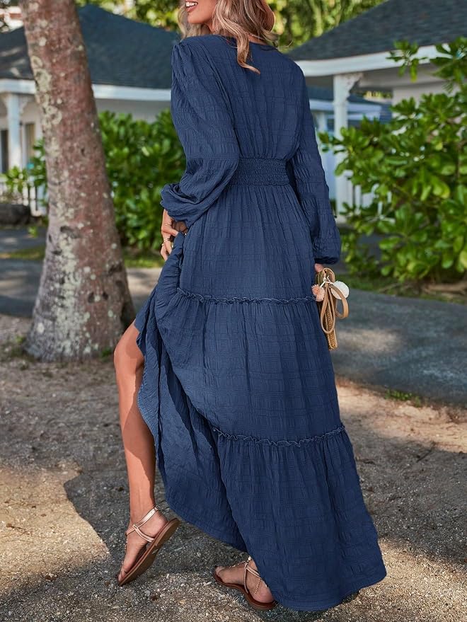 XPSDEPO Casual Vacation Solid Ruffle Hem A-line Dress Maxi Dress