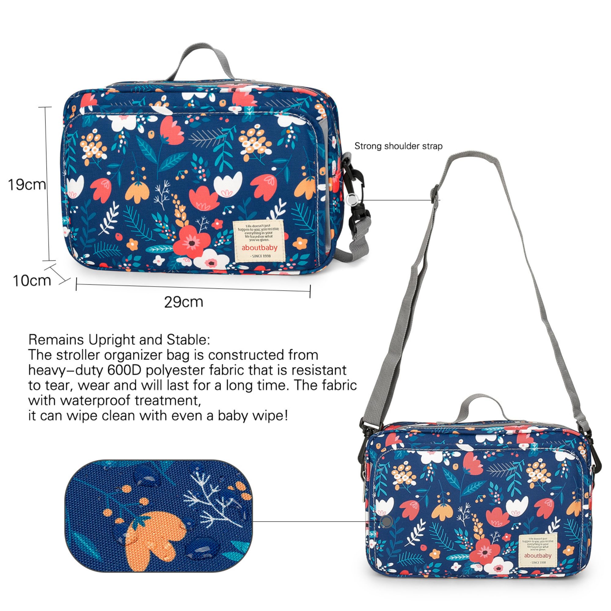 Baby Trolley Bag - Multi-purpose Stroller Bag with Maternity Function, Organiser for Pram and Pushchair Blue Flower - Image 2