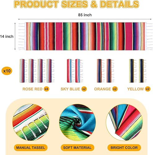 Miniatura 3 de Paquete de 10 caminos de mesa de Serape mexicano de 14 x 84 pulgadas, 29 carteles de papel picado, pancarta colgante de fiesta y bandera de