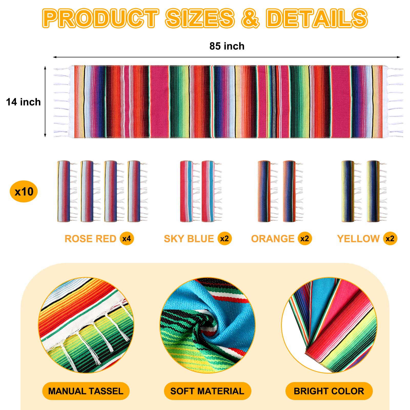 10 Pack 14 x 84 in Mexican Serape Table Runners, 29 Pcs Papel Picado Banner, Fiesta Hanging Banner and Pennant Flag Banner Colorful Bunting Banner for Mexican Theme Party (Rose, Blue, Orange, Yellow)