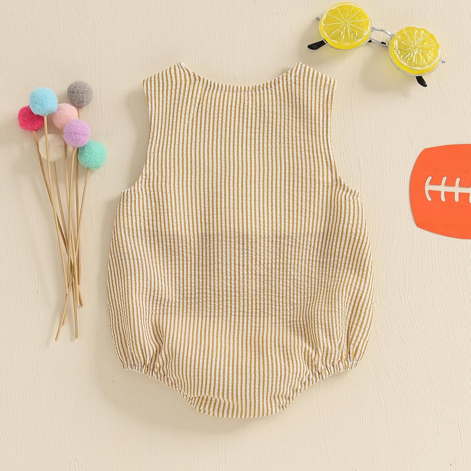 Newborn Baby Boy Girl Fall Clothes Football Embroidery Romper Striped Sleeveless Smocked Bodysuit Overalls Outfit - Image 5