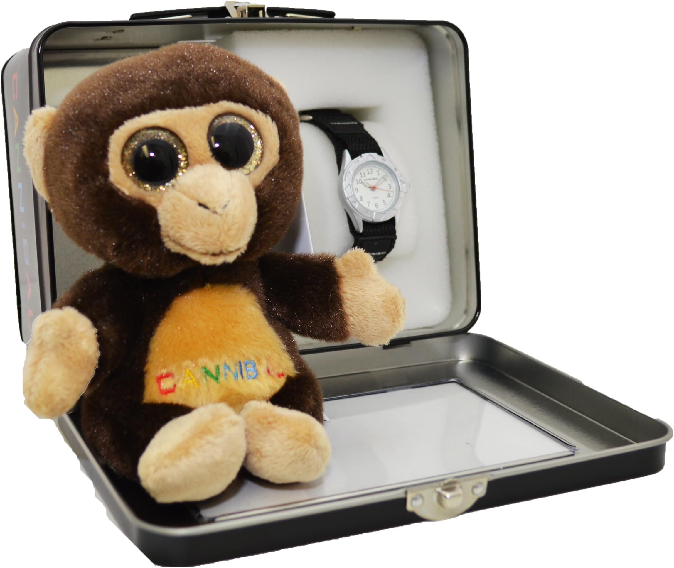 Boxed Presentation Gift Set Cuddly Toy and Childrens Wrist Watch - Kids Black Watch with Monkey