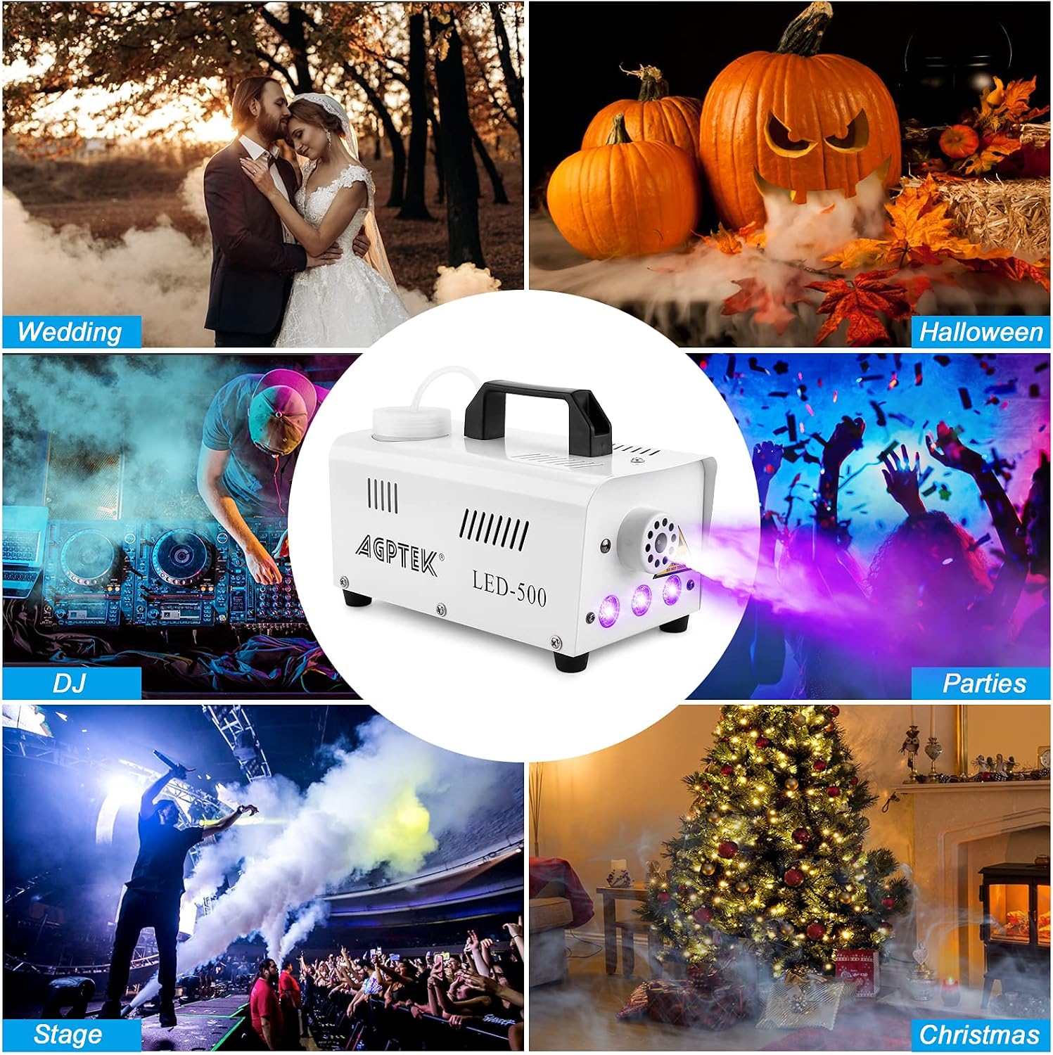Fog Machine, AGPtEK Automatic Spray Smoke Machine with Colorful LED Light Effect, Wireless and Wired Remotes with Preheating Light Indicator, Perfect for Halloween, Christmas, Wedding & Stage, White