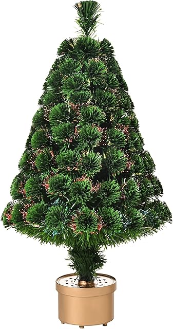 HOMCOM 3FT Prelit Artificial Christmas Tree Fiber Optic LED Light Holiday Home Xmas Decoration Table Decor with Multi-Color Lights, Green