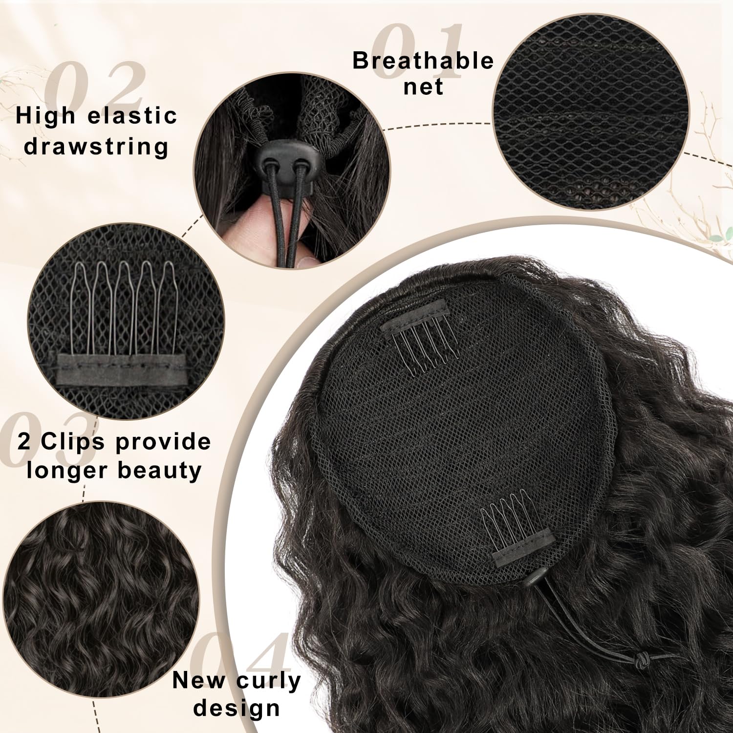 HMD Curly Ponytail Extension Drawstring Ponytail for Black Women Brown Black Curly Clip in Hair Extensions 18 Inch Ponytail Extension Synthetic Hairpiece for Daily Party
