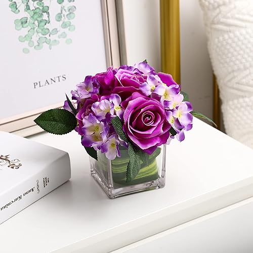 Miniatura 3 de Fule Arreglo de centro de mesa de rosas de seda artificial en jarrón para decoración de boda del hogar (morado claro)