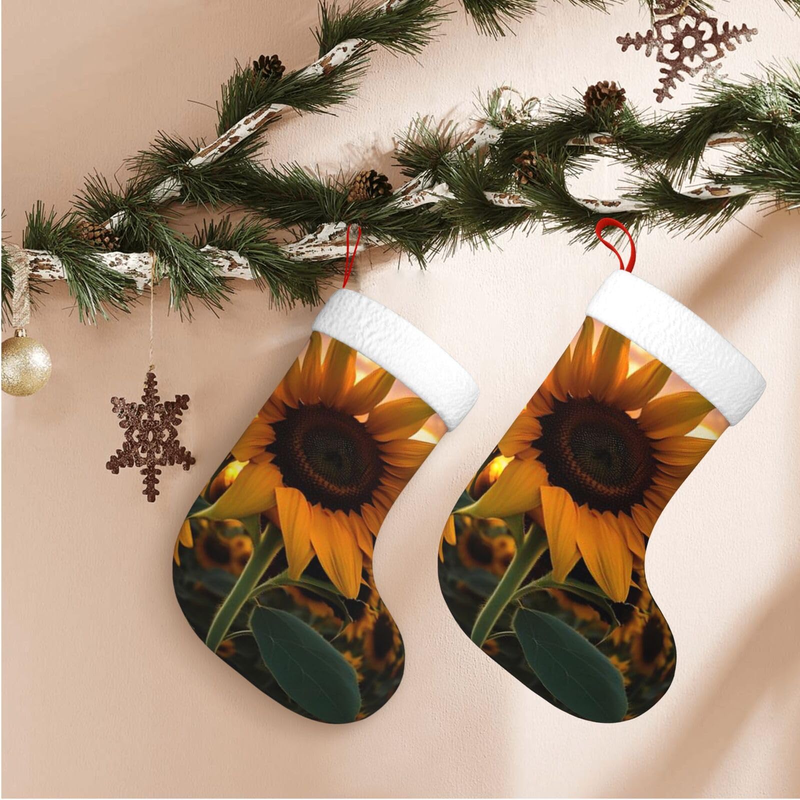 Farm Sunflower Christmas Stockings Velvet Xmas Fireplace Hanging Stocking with Plush Cuff Rustic Christmas Santa Stockings for Home Christmas Decorations Party Favor Supplies