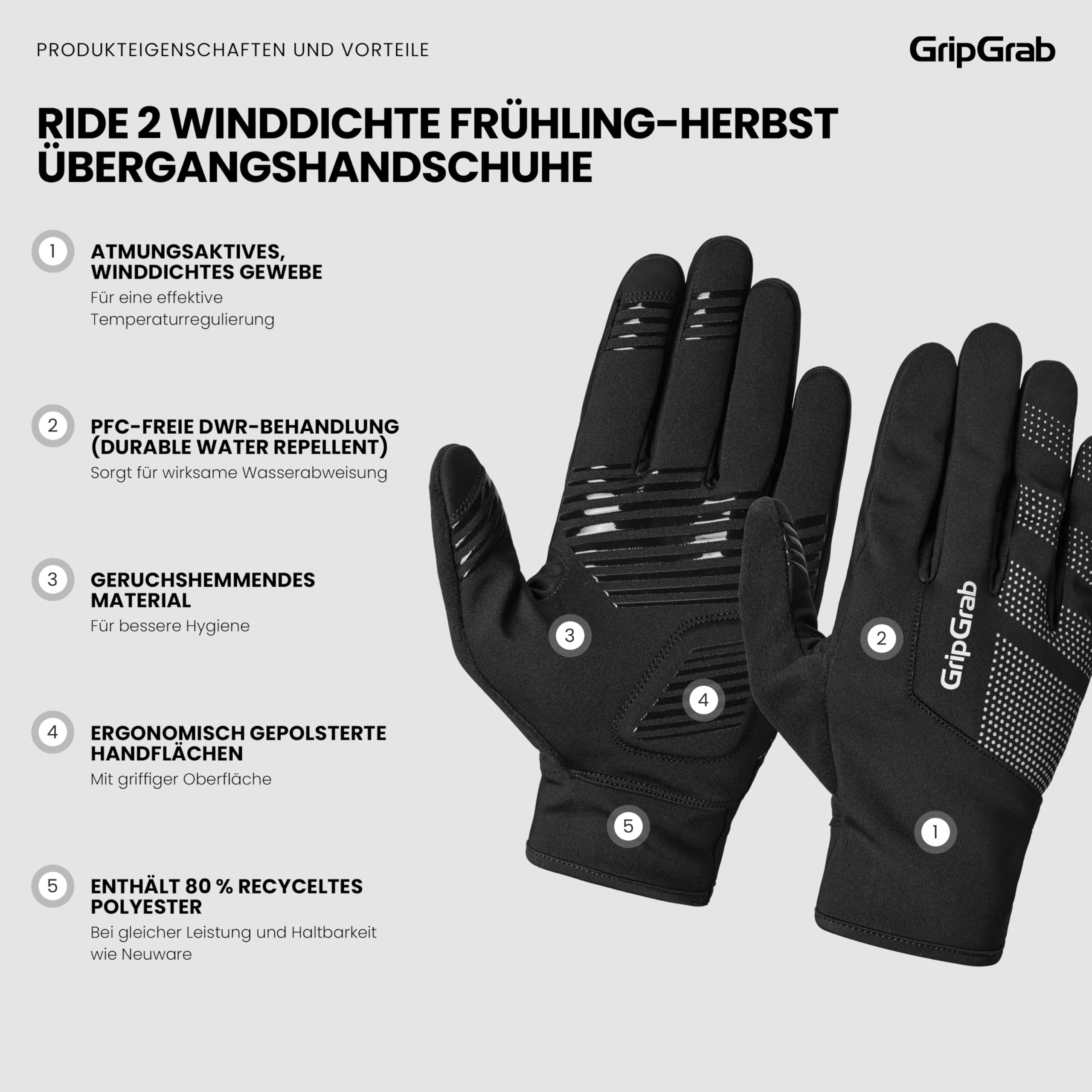 GripGrab Ride Winddichte Fahrradhandschuhe Herbst und Frühling Gepolstert | Gepolsterte Übergangshandschuhe mit DoctorGel Polsterung für MTB, Rennrad & Gravelbike, Frottee-Daumen & Reflex-Details