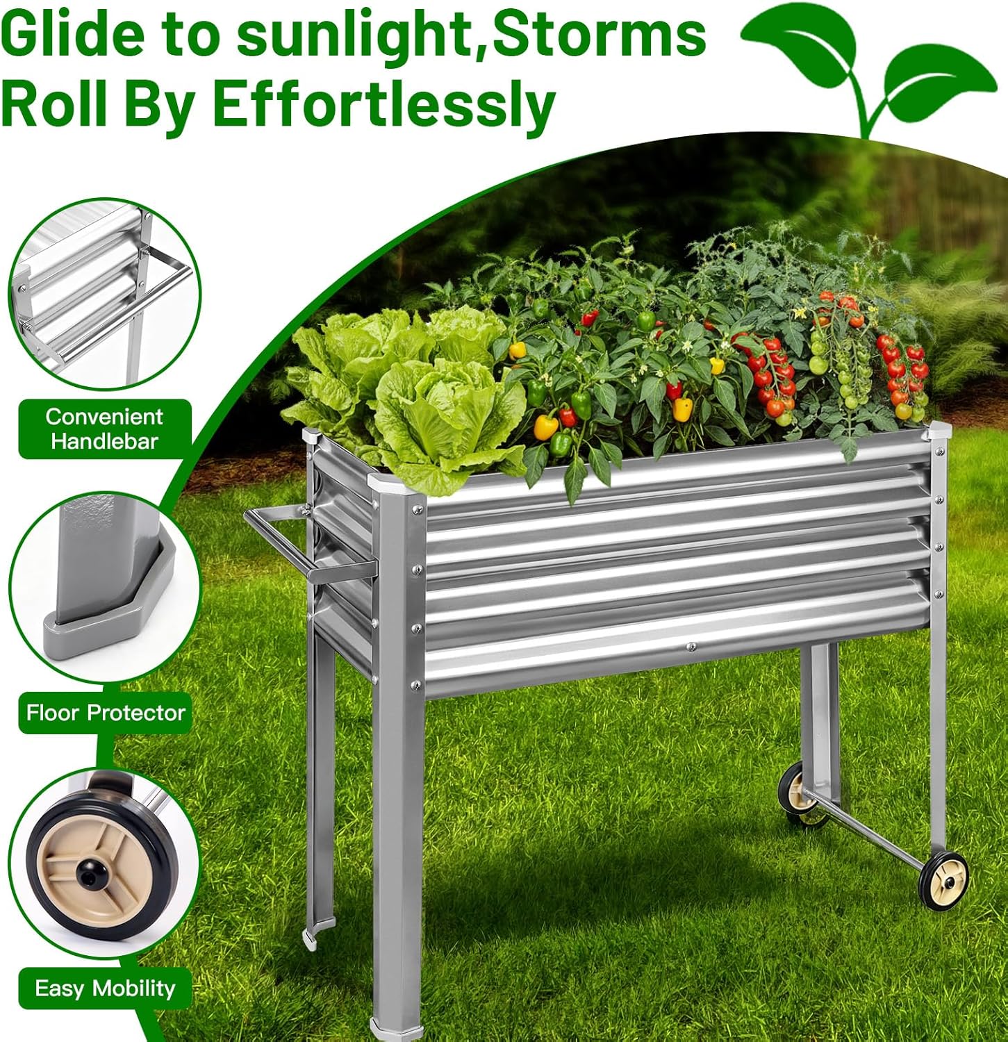 Land Guard 2 Pack Galvanized Raised Garden Bed with Legs & Wheels, 36×12×32in Metal Elevated Raised Planter Box for Backyard, Patio, Balcony, 300lb Capacity, Silver
