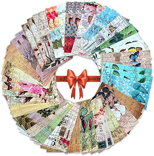 60 hojas de papel de álbum de recortes, suministros de diario vintage, papel de artesanía retro con patrón de naturaleza para diario basura,