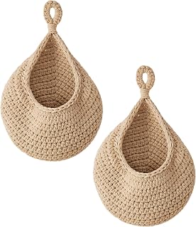 Handwoven Jute Baskets Wall Hanging 2 Pcs, For Wall Decor Plants Fruit Baskets, Waterdrop Shape Hook Ring, For Kitchen Living Room Wall Hanging Storage Organizer