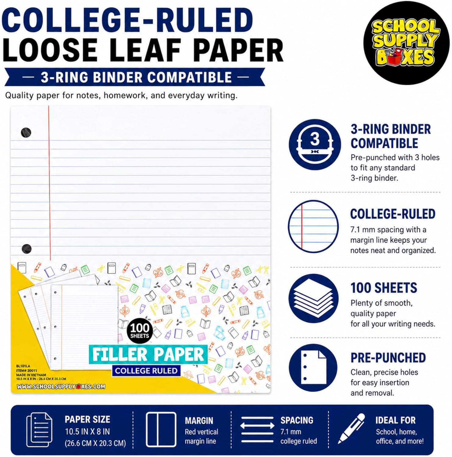 School Supply Boxes | College-Ruled Loose Leaf Paper | 6 Pack | 100 Sheets Per Pack, 3-Ring Binder Compatible