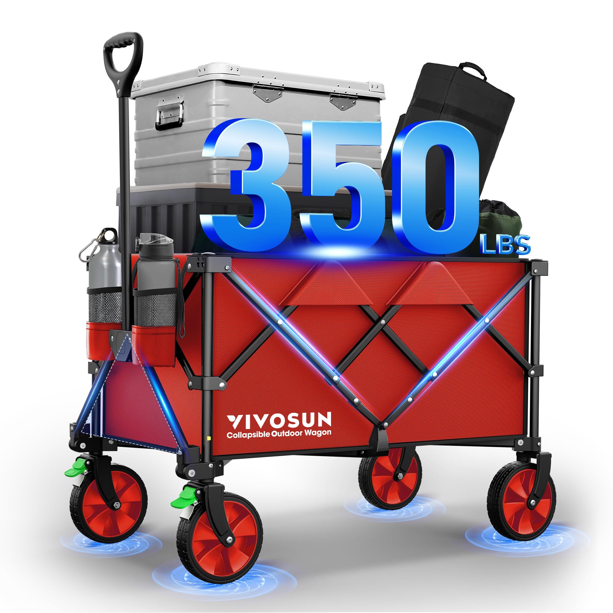 VIVOSUNCollapsible Folding Wagon, 350 lb Load-Bearing Outdoor Utility Cart with Silent Universal Wheels, Cup Holders &Side Pockets, Adjustable Handle, for Camping, Garden, Sports, Picnic, Shopping