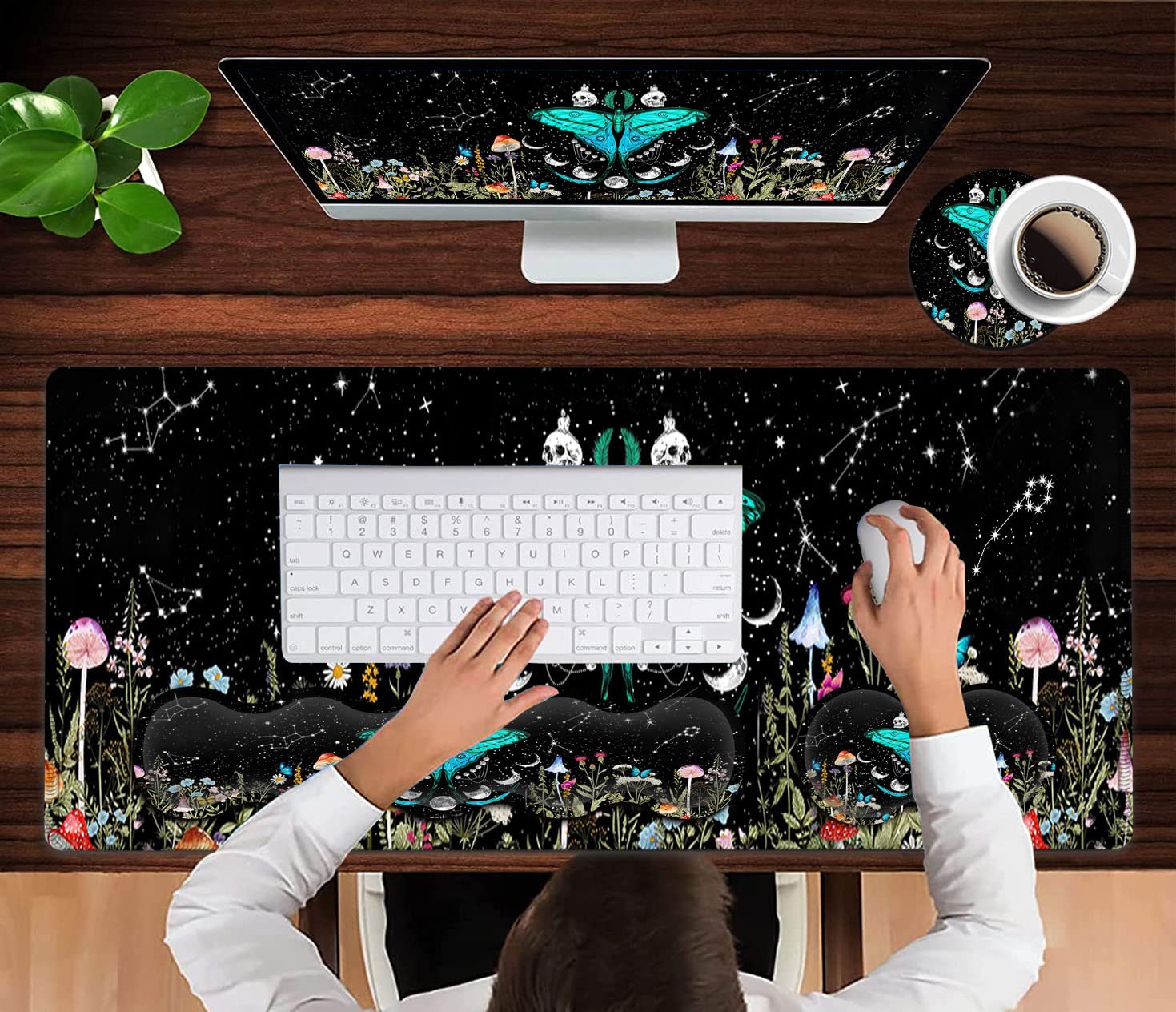 Großes Mauspad, ergonomische Maus-Handgelenkstütze + Tastatur-Handgelenkauflage-Set + erweitertes Gaming-Mauspad, Motte, Mondphase, Hexe, Büro, Schreibtischmatte, Zubehör, Schreibtischunterlage