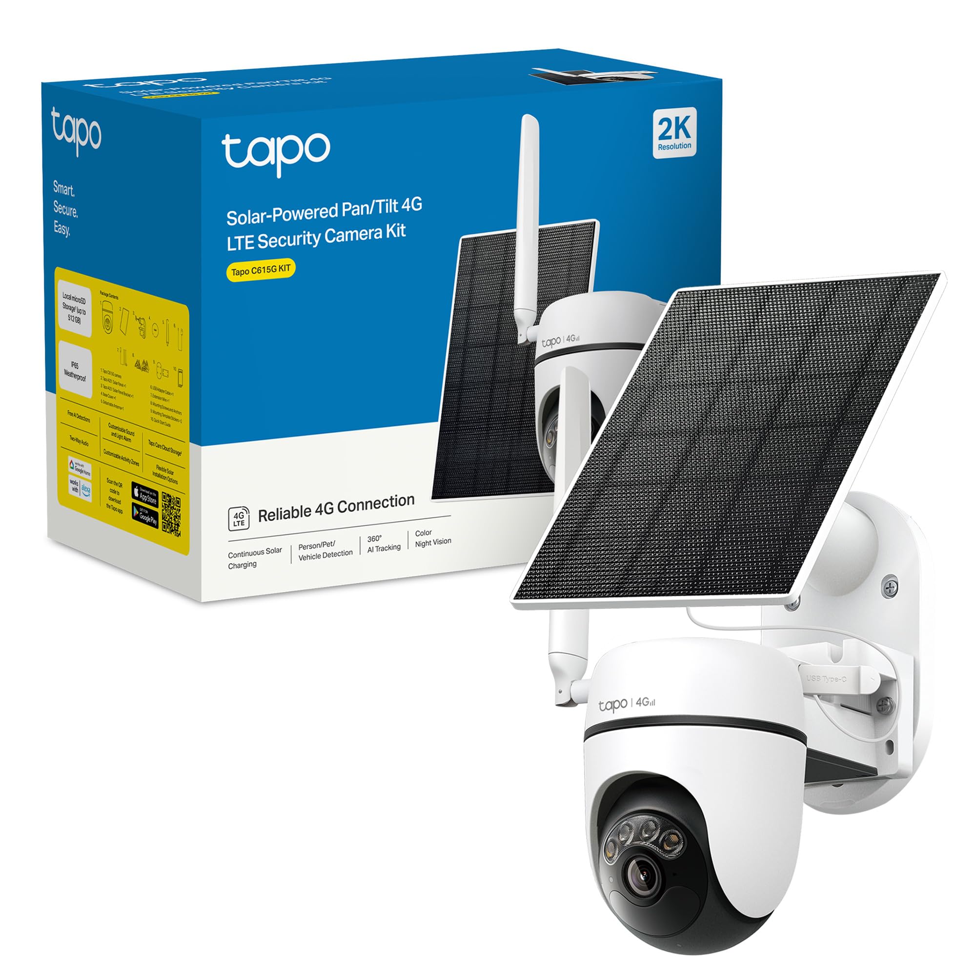 Tapo C615G KIT Caméra 4G Solaire Extérieur 2K 3MP – Caméra Surveillance 4G avec Carte SIM, Vision Nocturne Couleur, Détection IA Personne/Animal/Véhicule, Suivi 360°, Batterie & Stockage Local/Cloud