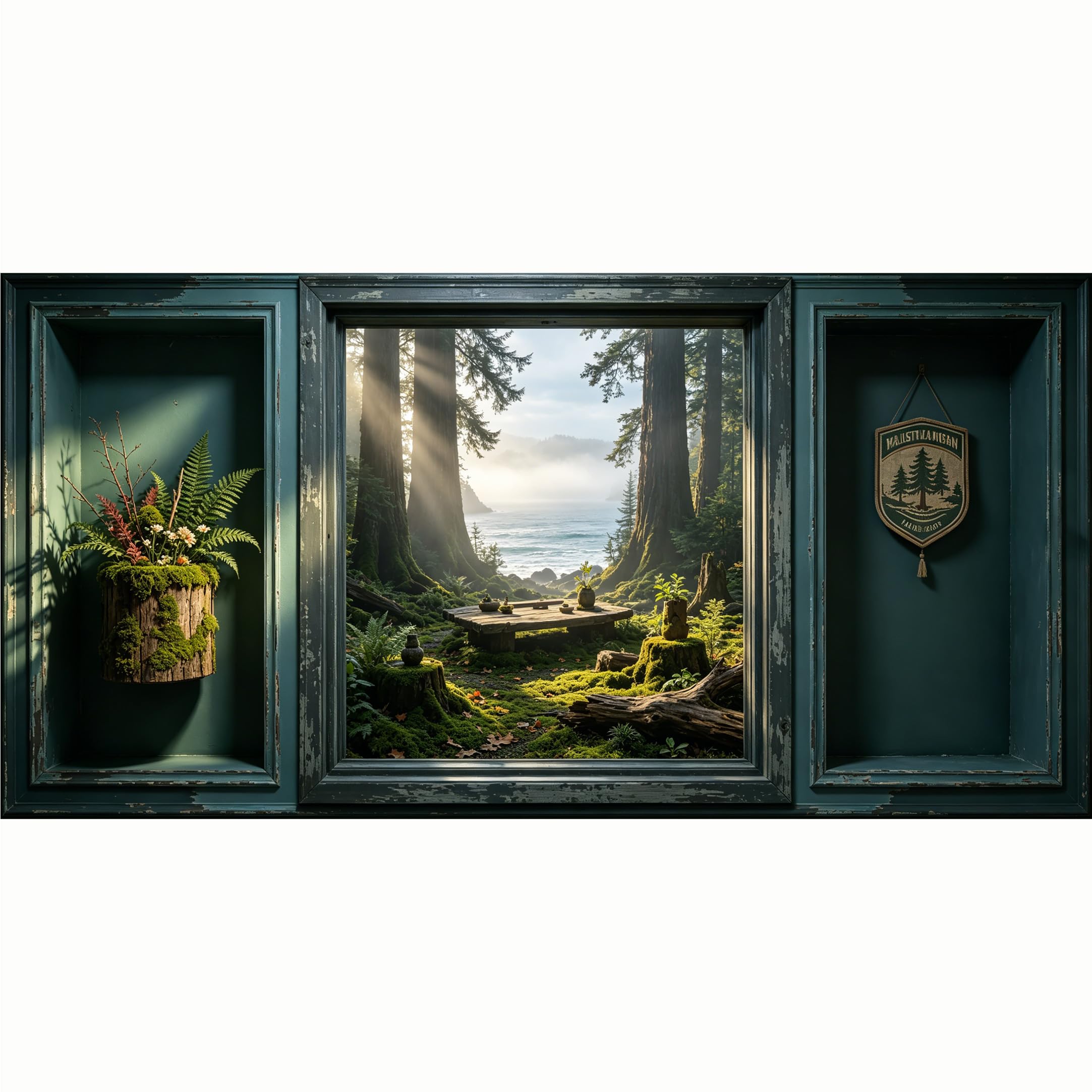 QZLITHOTIC 50x100cm 3D Framed Wall Art， Misty Forest Coastal Landscape Nature Scene Self‑Adhesive Mural， Water‑Activated Peel & Stick Fabric Decor Wall Decal for Bedroom Living Room