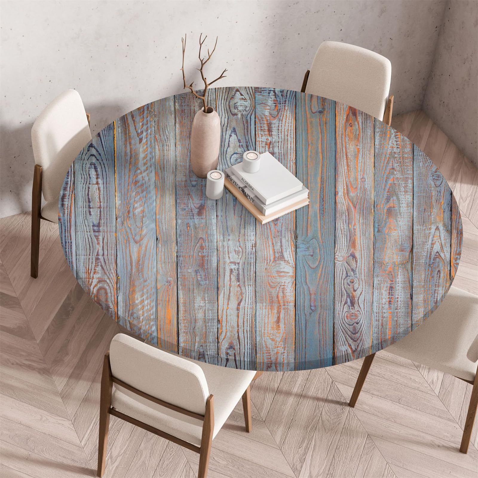 Muiuou Round Tablecloth, Wood Texture Printing Reusable Waterproof Oil-Proof Elastic Round Table Cover Cloth, Fitted Kitchen Restaurant Picnic Home Decoration