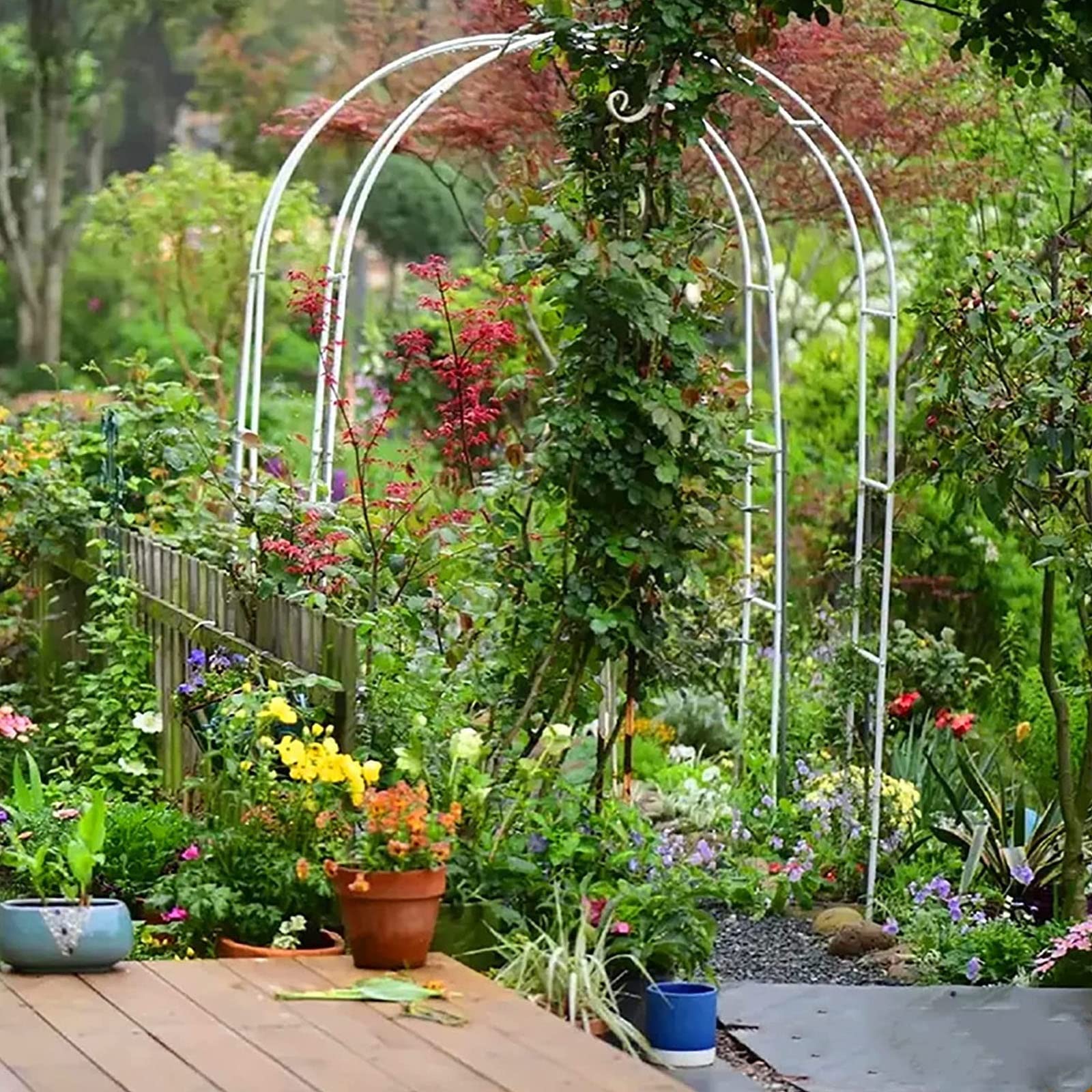 Ogród Pergola Łuk Ogrodowy Biały Metalowy Łuk Do Roślin Pnących, Zewnętrzna Altana do Winorośli i Róż, Dekoracyjny Stojak Na Imprezy Wewnętrzne Rozmiar 240x220x40cm
