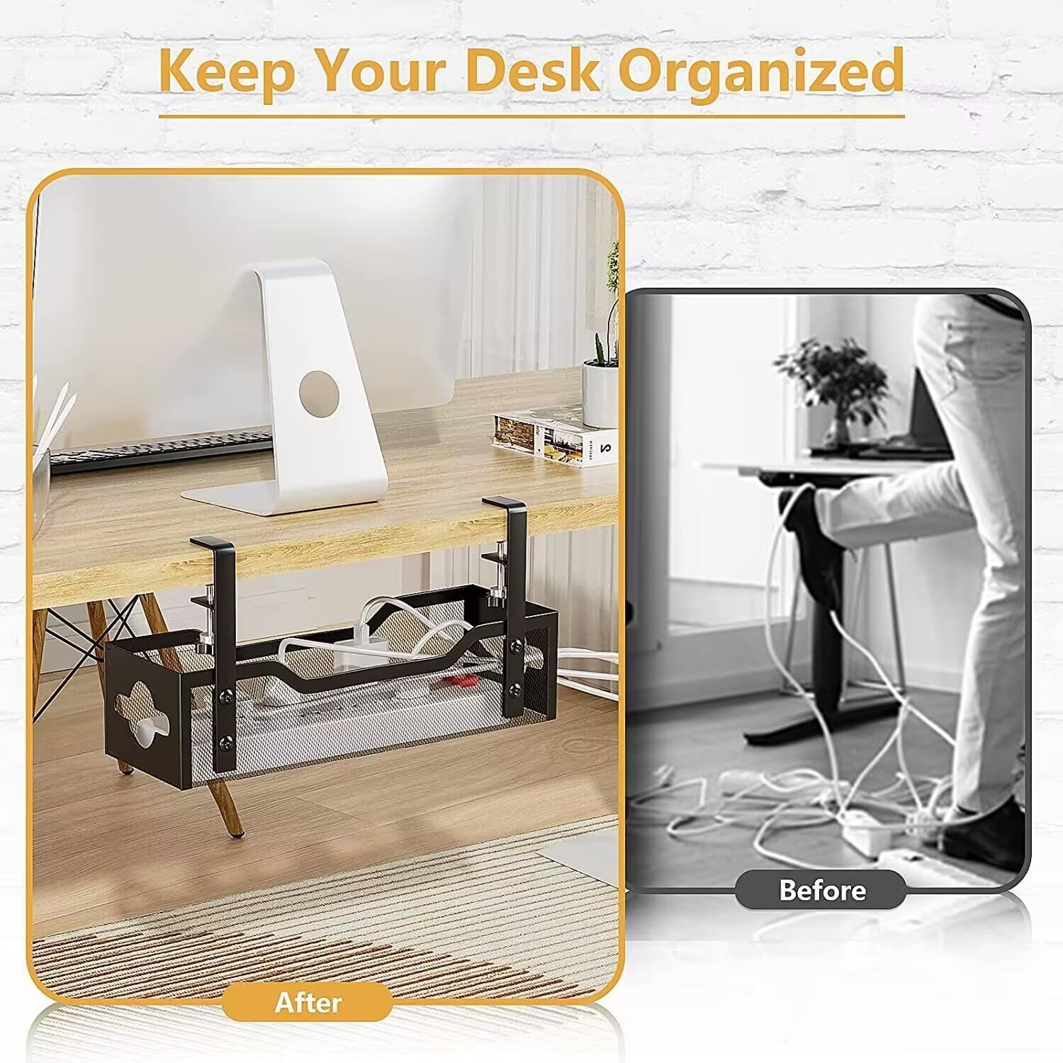2 Pack Under Desk Cable Management Tray, 13.38" Cable Organizer No Drill, Quszmd Standing Cord Organizer and Wire Management - Black