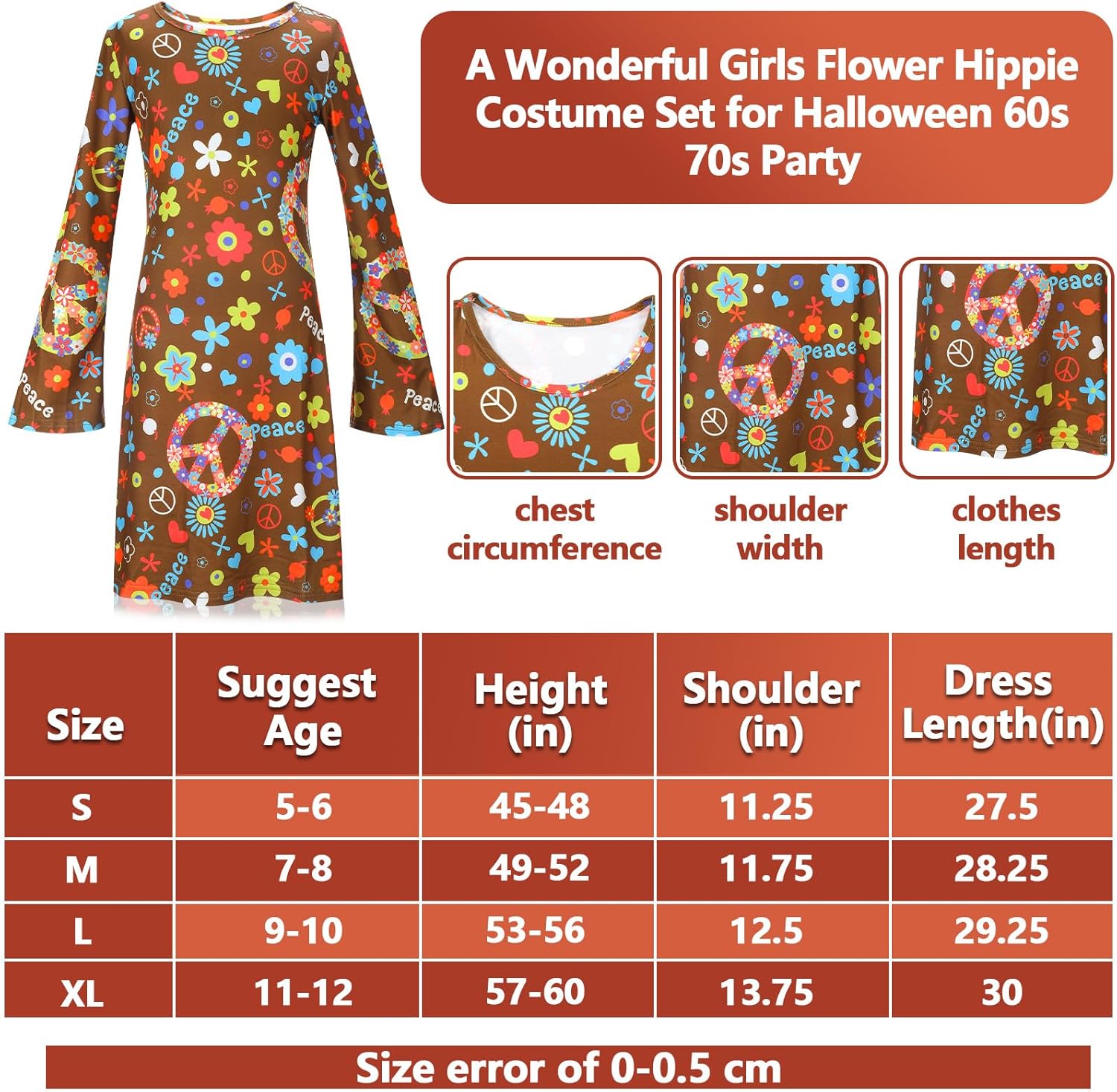 6 Pcs 70s Outfits for Kids Girls 60s Hippie Costume Decades Day Outfits Halloween Dress up - Image 2