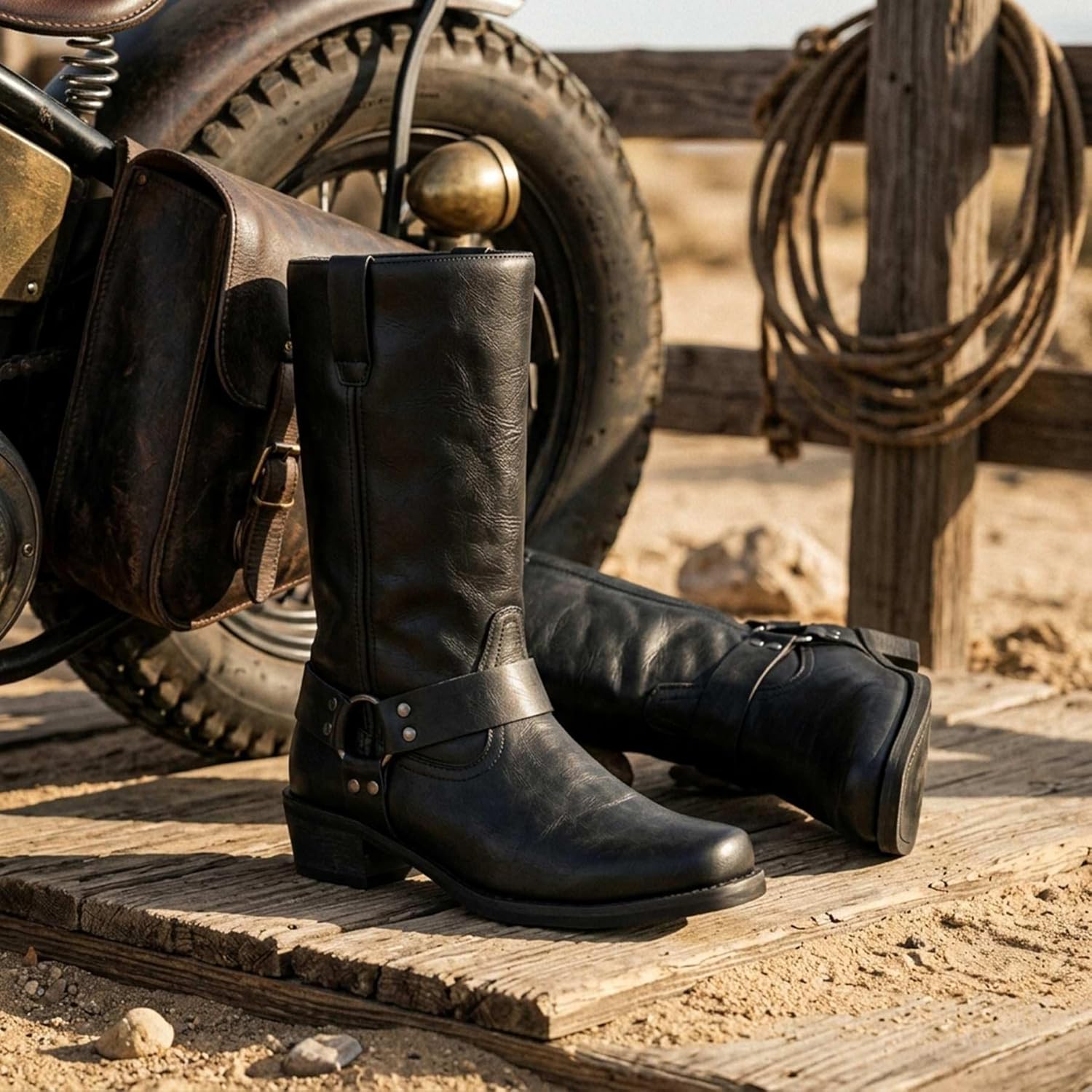 Men's Western Cowboy Boots - Retro Square Toe Motorcycle Boots with Buckle Strap, Mid-Calf Leather Boots for Riding and Casual Wear