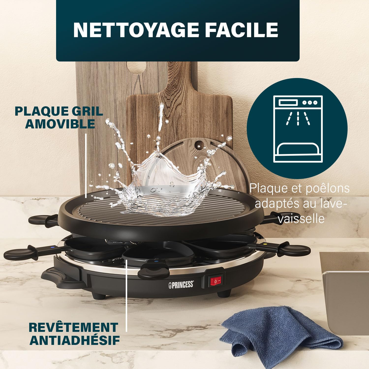Princess Raclette pour 6 personnes avec plaque de grill ronde amovible – Surface antiadhésive, cuisson saine sans matière grasse, idéale pour viande, poisson et légumes